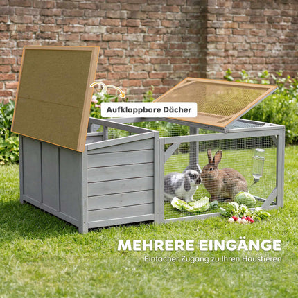Rabbit Hutch with Bitumen Roof, Run, Doors, 125.5x100x49 cm