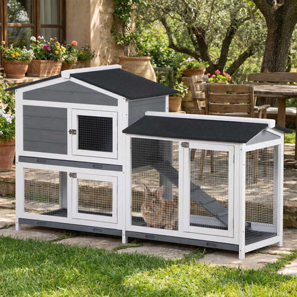Rabbit Hutch with Run, 2 Levels, Wood, 157x53x93 cm