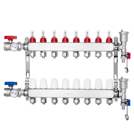 Radiant Heat PEX Manifold, 8-Branch, 1/2 In Adapters
