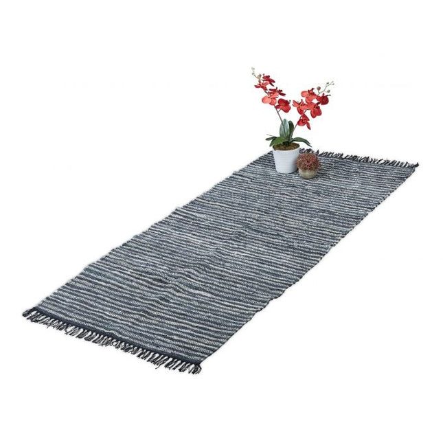 Rag rug leather & cotton striped
