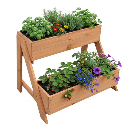 Raised Bed, 2-Tier Fir Wood Balcony Planter With Liners