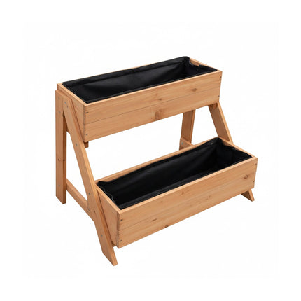 Raised Bed, 2-Tier Fir Wood Balcony Planter With Liners