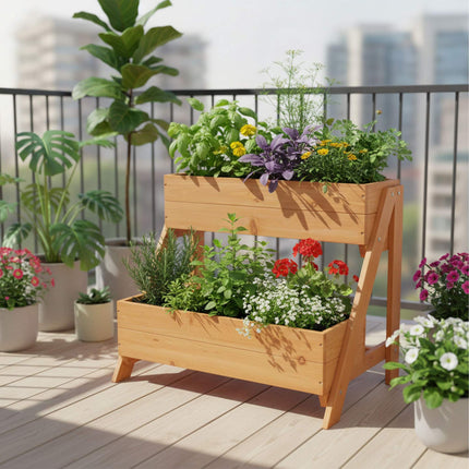Raised Bed, 2-Tier Fir Wood Balcony Planter With Liners