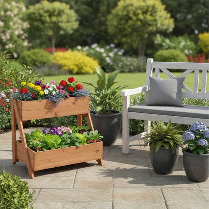 Raised Bed, 2-Tier Fir Wood Balcony Planter With Liners