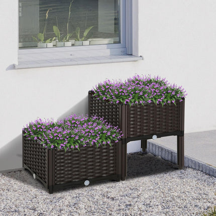 Planter box with raised bed, Rattan look, with drainage, Brown, 80x44 cm