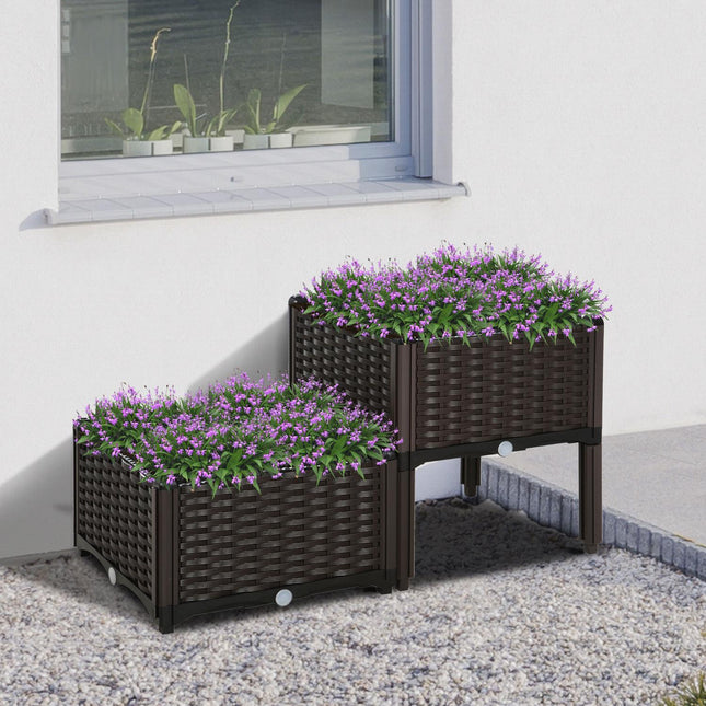 Planter box with raised bed, Rattan look, with drainage, Brown, 80x44 cm