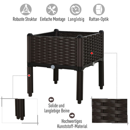 Planter box with raised bed, Rattan look, with drainage, Brown, 80x44 cm