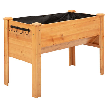 Raised wooden bed for herbs and flowers, with drainage and hooks