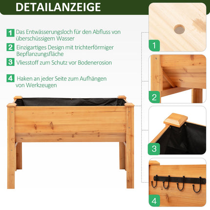 Raised wooden bed for herbs and flowers, with drainage and hooks