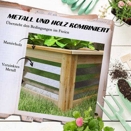 Raised metal flower bed with wooden frame, 45x45x30 cm