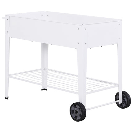 Mobile white metal raised plant bed with storage, 2 wheels