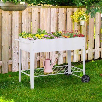 Mobile white metal raised plant bed with storage, 2 wheels
