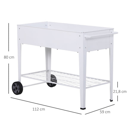 Mobile white metal raised plant bed with storage, 2 wheels