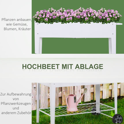 Mobile white metal raised plant bed with storage, 2 wheels