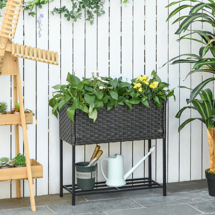 Brown Rattan Raised Garden Bed With Shelf, 70x30x72 Cm