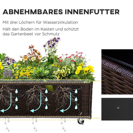 Raised garden bed with wheels, coffee brown rattan - 95x31 cm