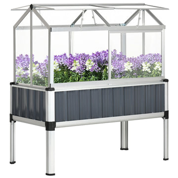 Weatherproof steel raised bed with greenhouse, dark grey