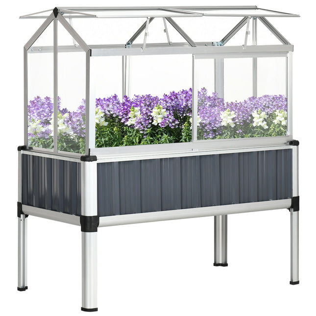 Weatherproof steel raised bed with greenhouse, dark grey