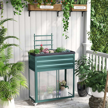 Raised bed with trellis, wheels and shelf - galvanized steel, 85x40x135cm