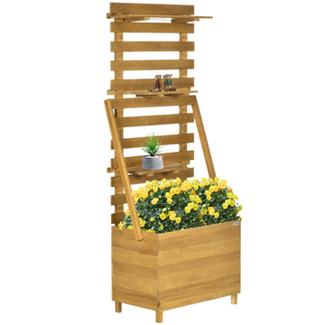 Raised wooden plant bed with trellis and 3 shelves, brown