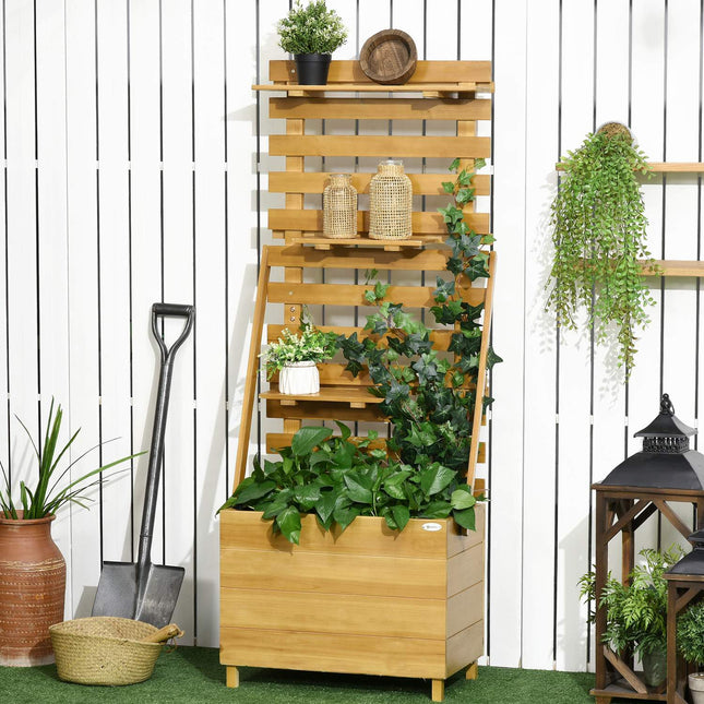 Raised wooden plant bed with trellis and 3 shelves, brown
