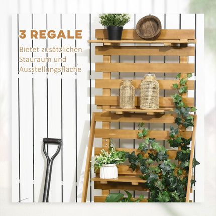 Raised wooden plant bed with trellis and 3 shelves, brown