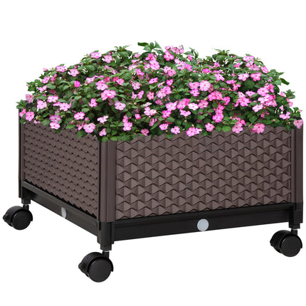 Mobile raised plant bed with wheels, drainage, brown