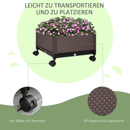 Mobile raised plant bed with wheels, drainage, brown