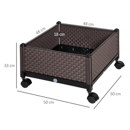 Mobile raised plant bed with wheels, drainage, brown