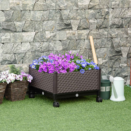 Mobile raised plant bed with wheels, drainage, brown