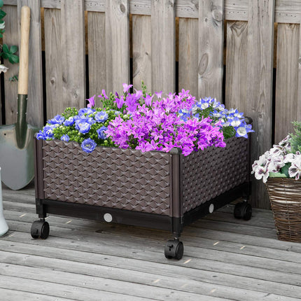 Mobile raised plant bed with wheels, drainage, brown