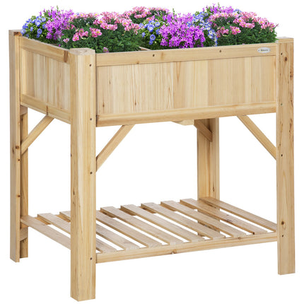 Wooden raised bed with 6 plant areas & fabric, natural