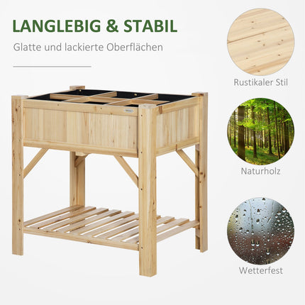 Wooden raised bed with 6 plant areas & fabric, natural