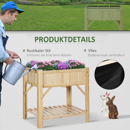 Wooden raised bed with 6 plant areas & fabric, natural