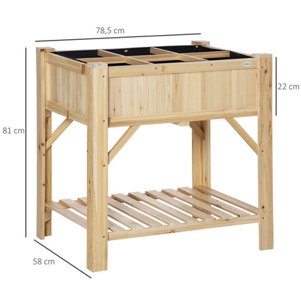 Wooden raised bed with 6 plant areas & fabric, natural