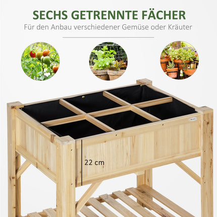 Wooden raised bed with 6 plant areas & fabric, natural