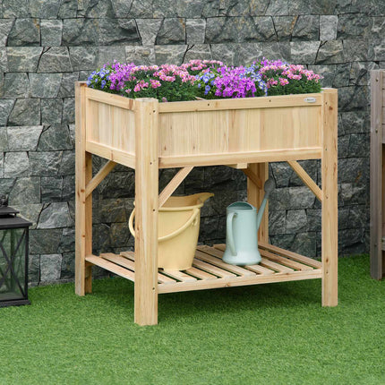 Wooden raised bed with 6 plant areas & fabric, natural