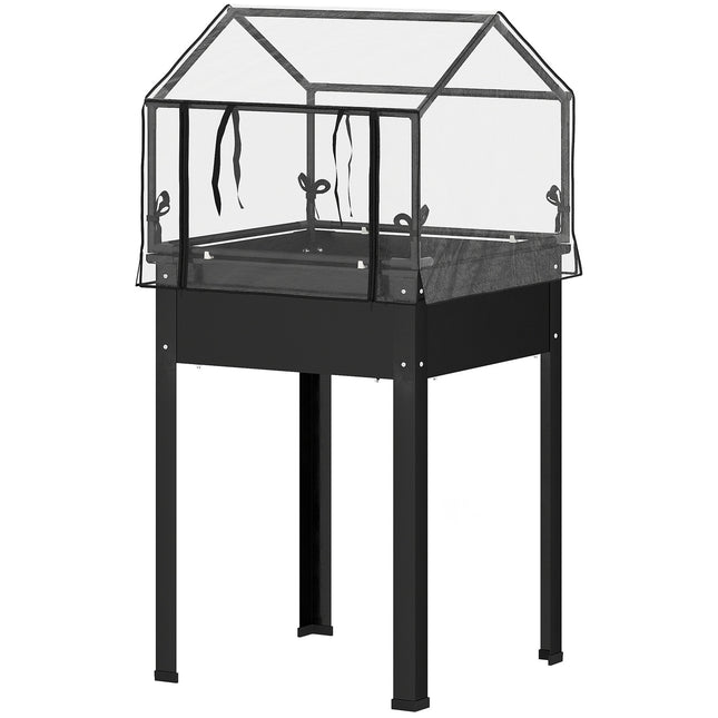Metal garden bed with cover and drainage, black