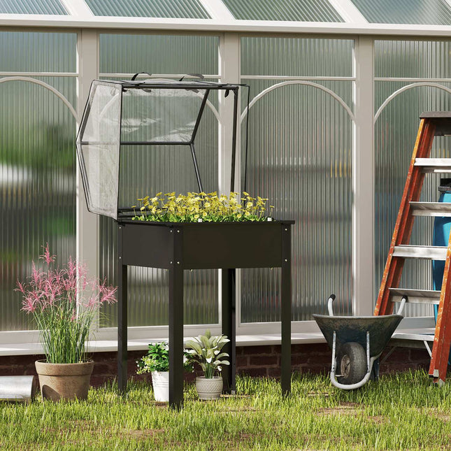 Metal garden bed with cover and drainage, black
