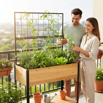 Raised Bed with Trellis and Shelf – Pine and Steel