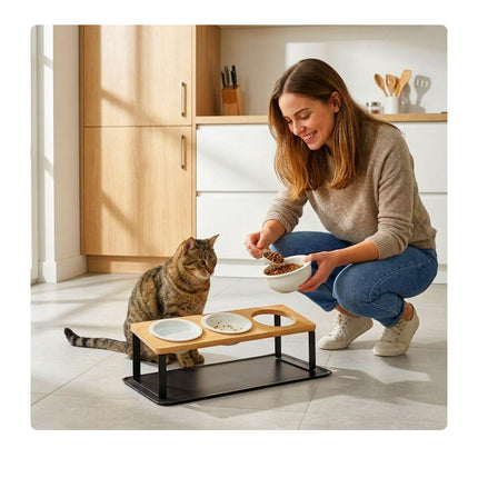 Raised Cat Bowl Set – Bamboo Stand, Ceramic Bowls, Mat