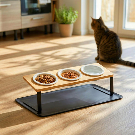 Raised Cat Bowl Set – Bamboo Stand, Ceramic Bowls, Mat