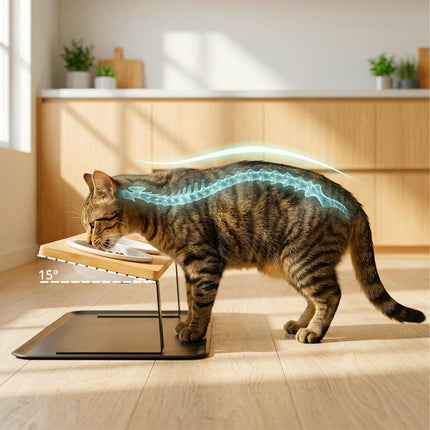 Raised Cat Bowl Set – Bamboo Stand, Ceramic Bowls, Mat