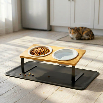 Raised Cat Bowl Set – Bamboo Stand, Ceramic Bowls, Mat