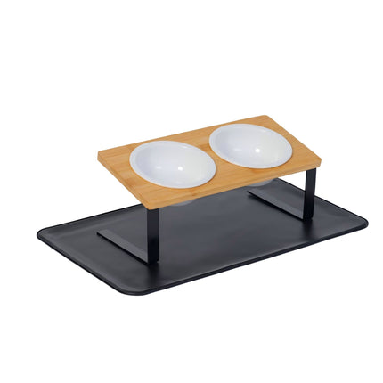 Raised Cat Bowl Set – Bamboo Stand, Ceramic Bowls, Mat