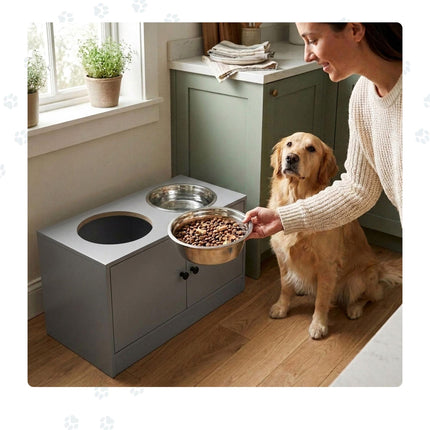 Raised Dog Feeder with Storage, Grey, Large Dogs