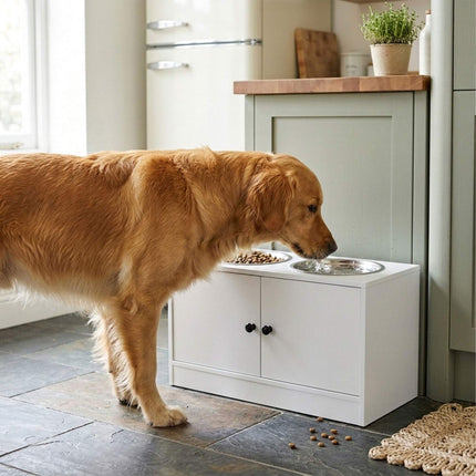 Raised Dog Feeding Station with Storage, White, Large