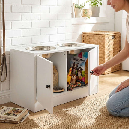 Raised Dog Feeding Station with Storage, White, Large