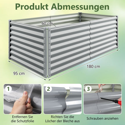 Raised Garden Bed, Metal, 180x95x60 cm, Open Bottom