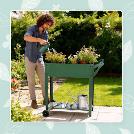 Raised Garden Bed Planter With Wheels And Storage Shelf
